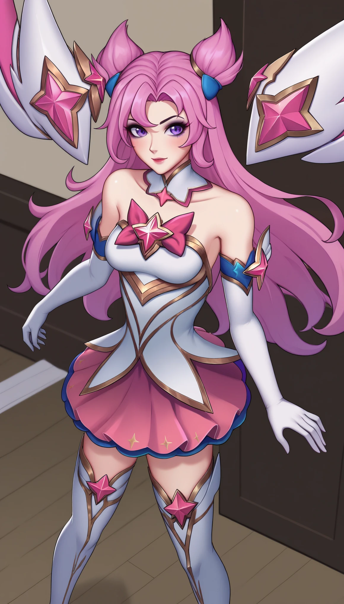 KaisaSGXL, star guardian (league of legends), makeup, purple eyes, pink hair, cone hair bun, bangs, long hair, hair ornament, jewelry, star (symbol), medium breasts, wings, detached collar, bare shoulders, white dress, detached sleeves, white elbow gloves, pink skirt, white thighhighs, thigh boots, solo, standing, looking at viewer, indoors