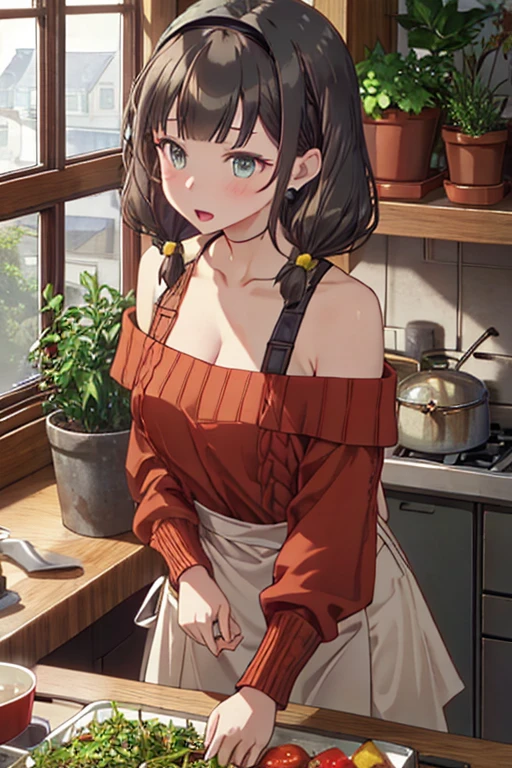 (from above:1.0),(from side:0.9),masterpiece, 1girl, Amazing Cleavage:1.1, thin waist, big ass, Raised sexy, small breast: 1.3, posed cleavage:1.2、solo, looking at viewer, open mouth, have a cute grass of cute beergrass,black hair, dark green eyes, dress, bare shoulders, jewelry, collarbone, sidelocks, hairband, earrings, indoors, off shoulder, :o, sweater, arms behind back, plant, short hair with long locks, gild hairband, off-shoulder dress, sweater dress, off-shoulder sweater, red sweater, dark gord hair, big side hair, very long side hair,is rendered in (masterpiece: 1.2, best quality), with (ultra high resolution) and an exquisite (depth of field). This masterpiece is not only visually stunning but also tells,A scene of cooking in the kitchen by classroom