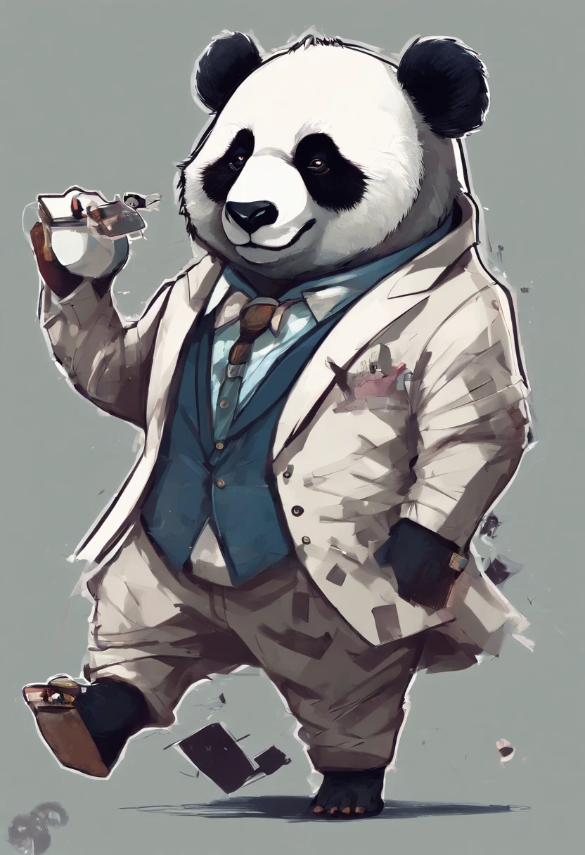 anthropomorphic panda, de cuerpo entero, vestido formalmente con un blazer, sostiene una bandeja, pegatina de panda, sticker de panda.