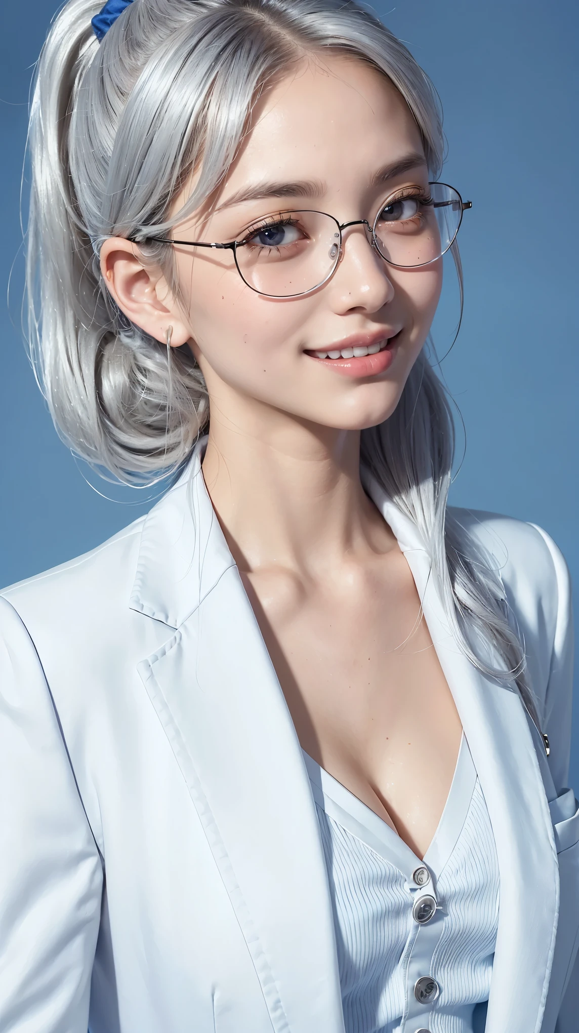 Realistic, masterpiece, highest quality, Highest Resolution, (1girl:1.3), 20-year-old, Sharp Eyes, Grinning smile, Slightly to the side, Definitely watching the audience, (Beautiful fine details, Iris, (Hidden eyelid wrinkles:1.2), Thin eyebrows, Draw eyelashes carefully, Natural Makeup, Mid-length hair, Silver Hair, ponytail, Detailed face), (rimless glasses, (White buttoned shirt, (Suit jacket)),Photographing the upper body,Portraiture, (Blue blank background:1.3)
