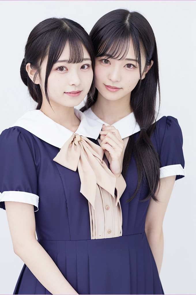 Two girls standing in an old Japanese schoolyard,White sailor shirt with bow tie,Indigo Hakamashita,A small dark red ribbon in her hair,18-year-old,bangs,Smile a little,Low Ponytail,(Angle from directly below:1.1),(Big Breasts:1.2),(Chewing contraceptives:1.2),whole body