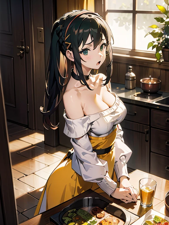 (from above:1.0),(from side:0.9),masterpiece, 1girl, Amazing Cleavage:1.1, thin waist, big ass, Raised sexy, small breast: 1.3, posed cleavage:1.2、solo, looking at viewer, open mouth, have a cute grass of cute beergrass,black hair, dark green eyes, dress, bare shoulders, jewelry, collarbone, sidelocks, hairband, earrings, indoors, off shoulder, :o, sweater, arms behind back, plant, short hair with long locks, gild hairband, off-shoulder dress, sweater dress, off-shoulder sweater, red sweater, dark gord hair, big side hair, very long side hair,is rendered in (masterpiece: 1.2, best quality), with (ultra high resolution) and an exquisite (depth of field). This masterpiece is not only visually stunning but also tells,A scene of cooking in the kitchen by classroom