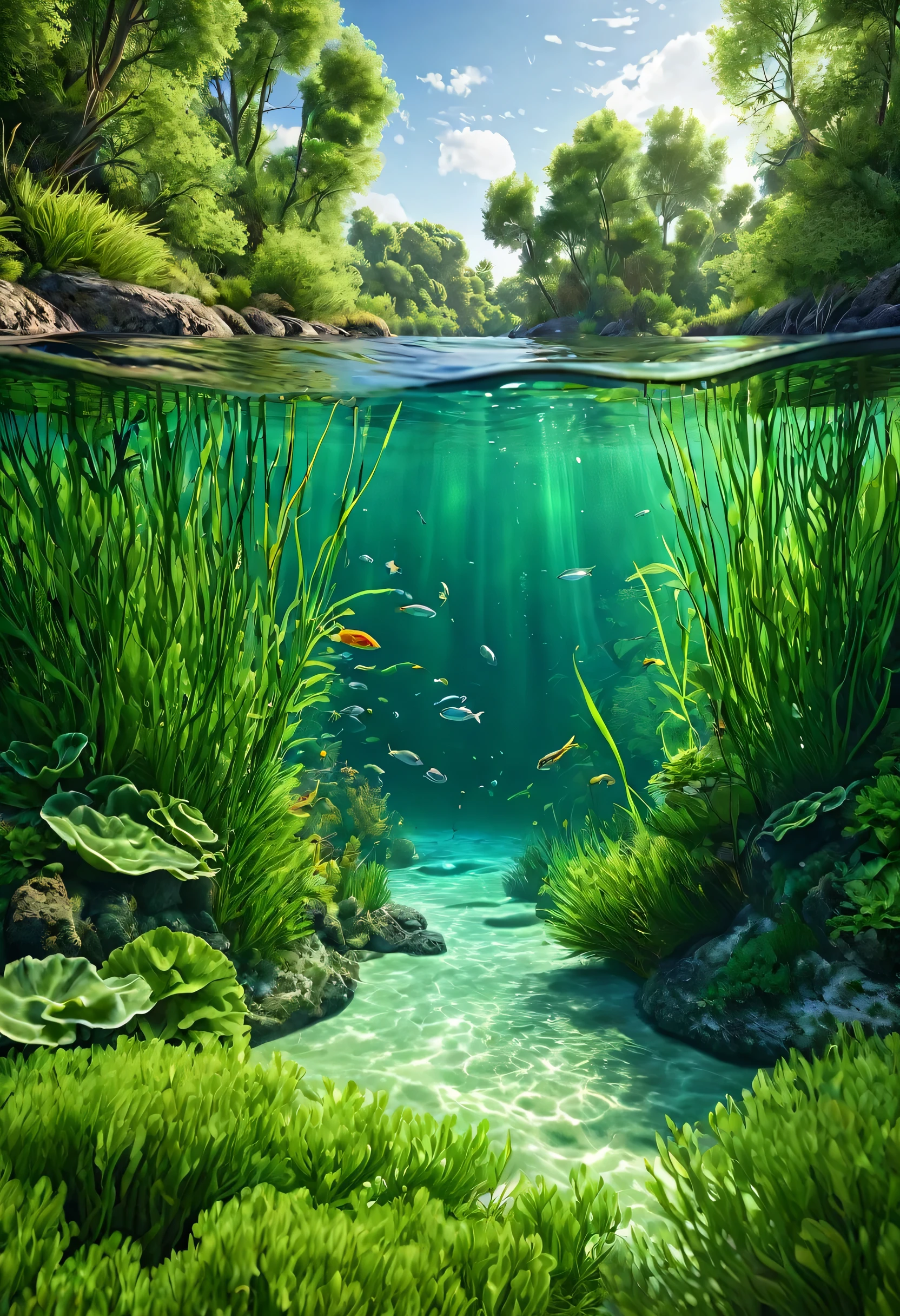 a photorealistic scene of a river with fresh clean water, a characteristic seawater fish swimming underwater, surrounded by lush green algae and tall reeds, cross-section view of the river with trees lining the banks, (best quality,4k,8k,highres,masterpiece:1.2),ultra-detailed,(realistic,photorealistic,photo-realistic:1.37),detailed underwater scene,stunning realistic lighting,dynamic underwater composition,dramatic water reflections,intricate fish anatomy,vibrant green algae,detailed foliage,serene natural environment