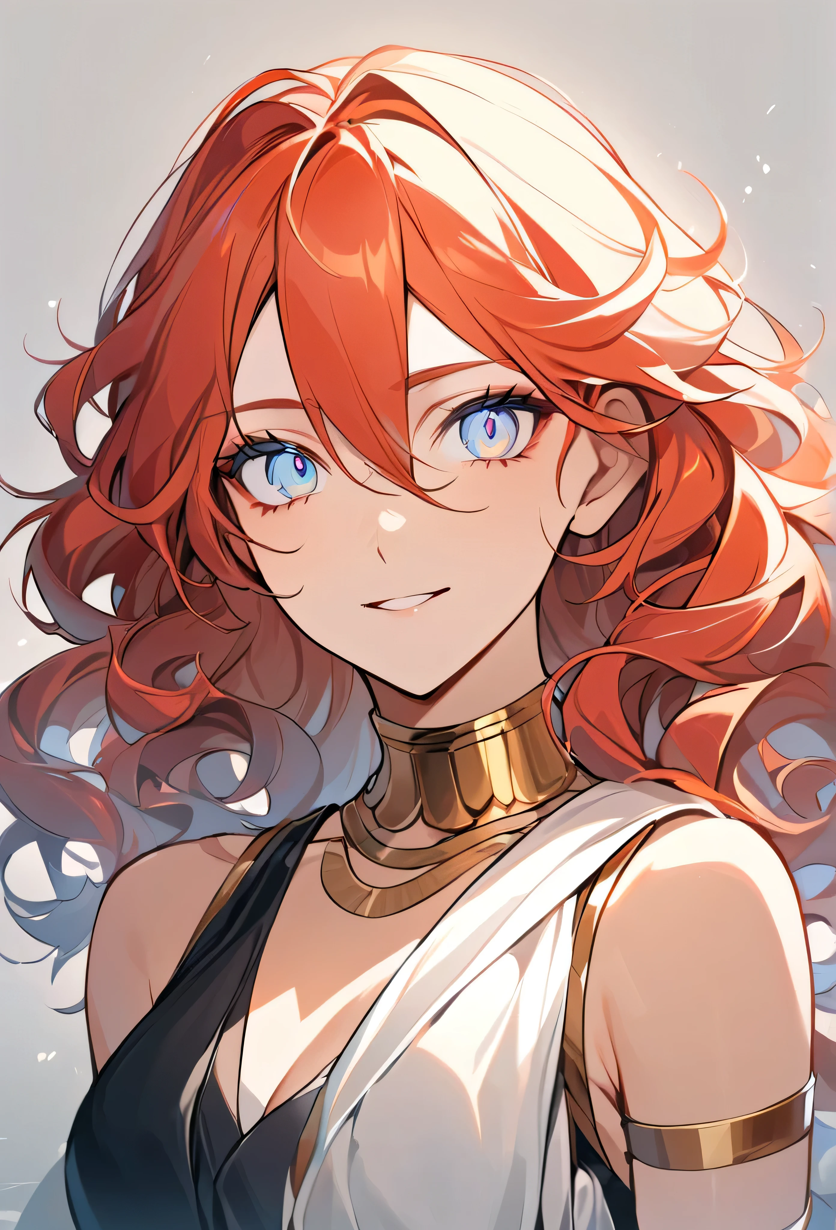 (high-quality, breathtaking),(expressive eyes, perfect face) 1girl, female, solo, young adult, ginger red color hair, tanned skin, pale light blue eye color, medium hair length, fluffy spiky hair, wavy curly hair, black dress with gold trim, tunic, Greek Goddess, Ancient Greek Dress, Greek Clothes, Symmetrical Eyes, portrait, halfbody, positive expression, elegant, mature, beautiful, soft smile, hair between eyes, SunsetHuman, collar, grey background