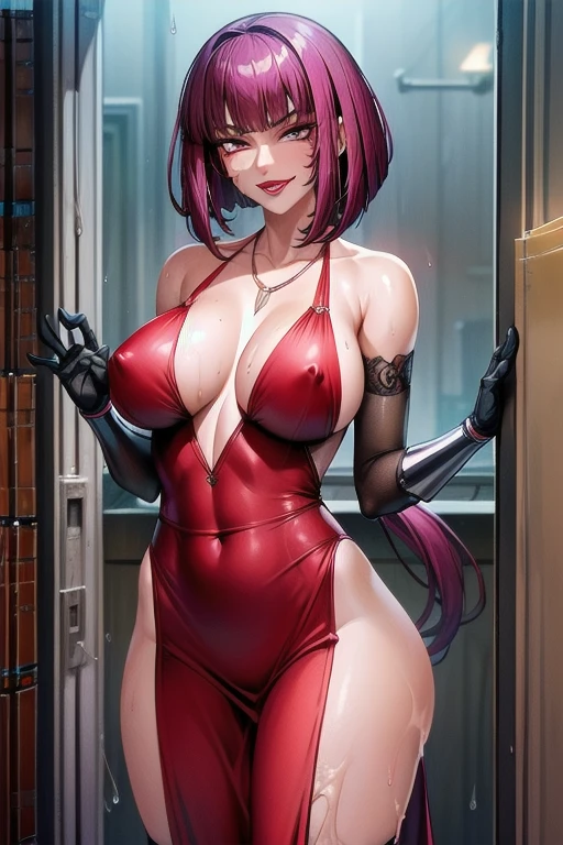 Oboro, 1 daughter, Focus, mature woman,cup in hand,how cup, luxury room, window, cyberpunk city,rain outside, night, City lights, looking at viewer, grin, Purple hair, short hair, dull bangs, eye shadow, Low ponytail, lipstick, compensate, detailed face, red eyes, long dress,Bare Shoulders, Red elbow gloves,big breasts, thighs,necklace,indoors(how:1.4),standing ,(how in cup:1.4),rift_of_venus,how on breasts,(how_in_container:1.6),gokkun,(Bukkake:1.4),facial