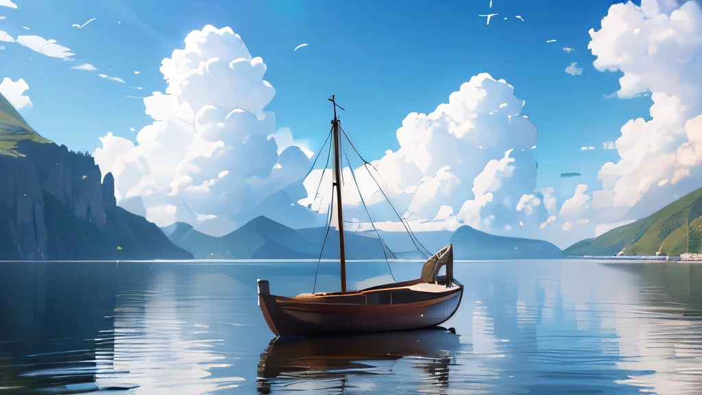 a small wooden boat floating on a calm blue sea, sunlight glistening on the water, fluffy white clouds in the sky, seagulls soaring overhead, a peaceful and serene landscape, (best quality,4k,8k,highres,masterpiece:1.2),ultra-detailed,(realistic,photorealistic,photo-realistic:1.37),landscape,natural lighting,serene,tranquil,idyllic