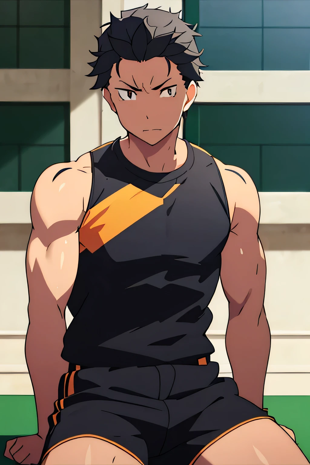 Subaru is sitting and flexing his biceps. He wears black shorts. You can see his thighs. He looks stoic and serious. He has bulging veins on his arms. He wears a black tshirt with short sleeves. His sleeve is completely rolled up so you can see his entire arm and shoulder. He is showing his abs too.