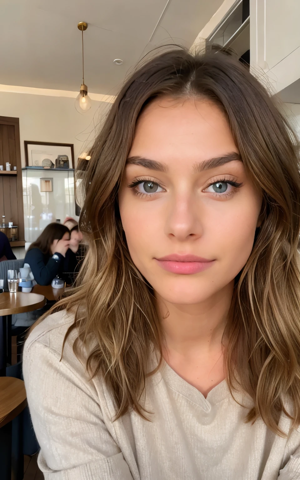 Belle brune aux reflets blonds portant un pull beige (In a cafe drinking soda), very detailed, 22 ans, nu, seins, Visage innocent, natural wavy hair, yeux bleus, high resolution, chef-d'artwork, Best quality, Intricate details, very detailed, Sharpness, detailed skin, texture de peau réaliste, texture, detailed eyes, professionnel, 4k, Sourire charmant, shot with Canon, 85mm, faible profondeur de champ, Kodak Vision Couleur, corps parfaitement ajusté , Extremely detailed, la photographie_\(ultra\), photorealistic, Realistic, Post-traitement, Maximum details, roughness, vrai vie, ultra realistic, photorealism, la photographie, 8K UHD, la photographie, nu,