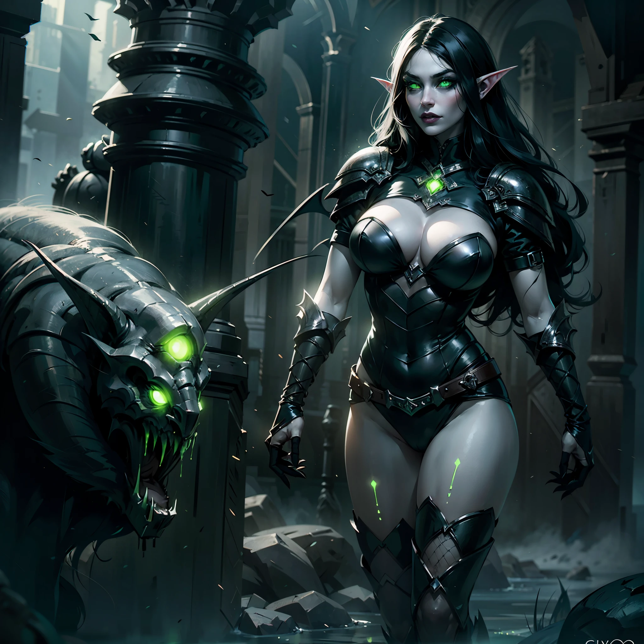 1girl, (long black hair), massive large breasts, large buttocks, ((glowing green eyes)), standing pose, nonchalant, ((pale grey skin)), gothic makeup, beautiful face, elf, sultry clothing, fishnet stockings, high heels, chiaroscuro lighting, dark fantasy, cinematic, dramatic composition, ethereal, moody atmosphere, digital art, hyperrealistic, 8k, ultra-detailed, photorealistic, masterpiece, ((((solo))))), ((demonic fantasy background))