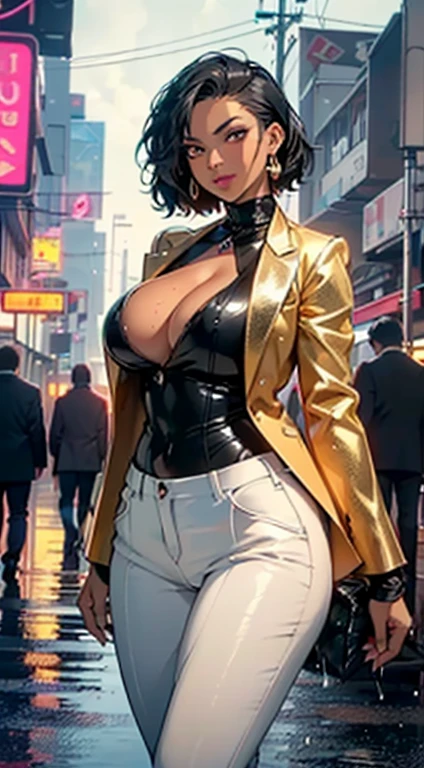 girl,((((black race)))),((beautiful girl)),

(large :1.4),saggy breastsck hair:1.4,hi-top fade Haircut:1.4,hi-top fade:1.3,Mohawk))),(((golden_eyes:1.3))),intricate eyes,beautiful detailed eyes,symmetrical eyes,((fat)),(((an,dark skin,black skin:1.35,dark-skinned_female,dark skin:1.3,ebony skin,lustrous skin:bright skin: 1.5,shiny skin,very shiny skin,shiny body,illuminated skin,wet legs))),(spider lower abdomen,narrow waist,wide hip,imbo body,inflated legs,detailed body,(detailed face)),

cute,slutty,seductive,erotic,(((nsfw))),oman, villain, ambitious look,

(((golden formal blazer,black formal pants,))),(((huge cleavage,deep neckline,c)),((wet clothes,intricit,intricate clothes)),

(dynamic pose:1.0),solo focus,((smug)),(centered,scale to fit dimensions,Rule of thirds),

cyberpunk city by the ocean at night, with bright neon signs and dark stormy clouds and puddles, scenery:1.25,

highres, sharp focus, (ultra detailed, extremely detailed), (photorealistic artwork:1.37),(extremely detailed CG unity 8k wallpaper),((synthwave background theme)),(((vibrant colors))),(intricate background),(masterpiece),(best quality),