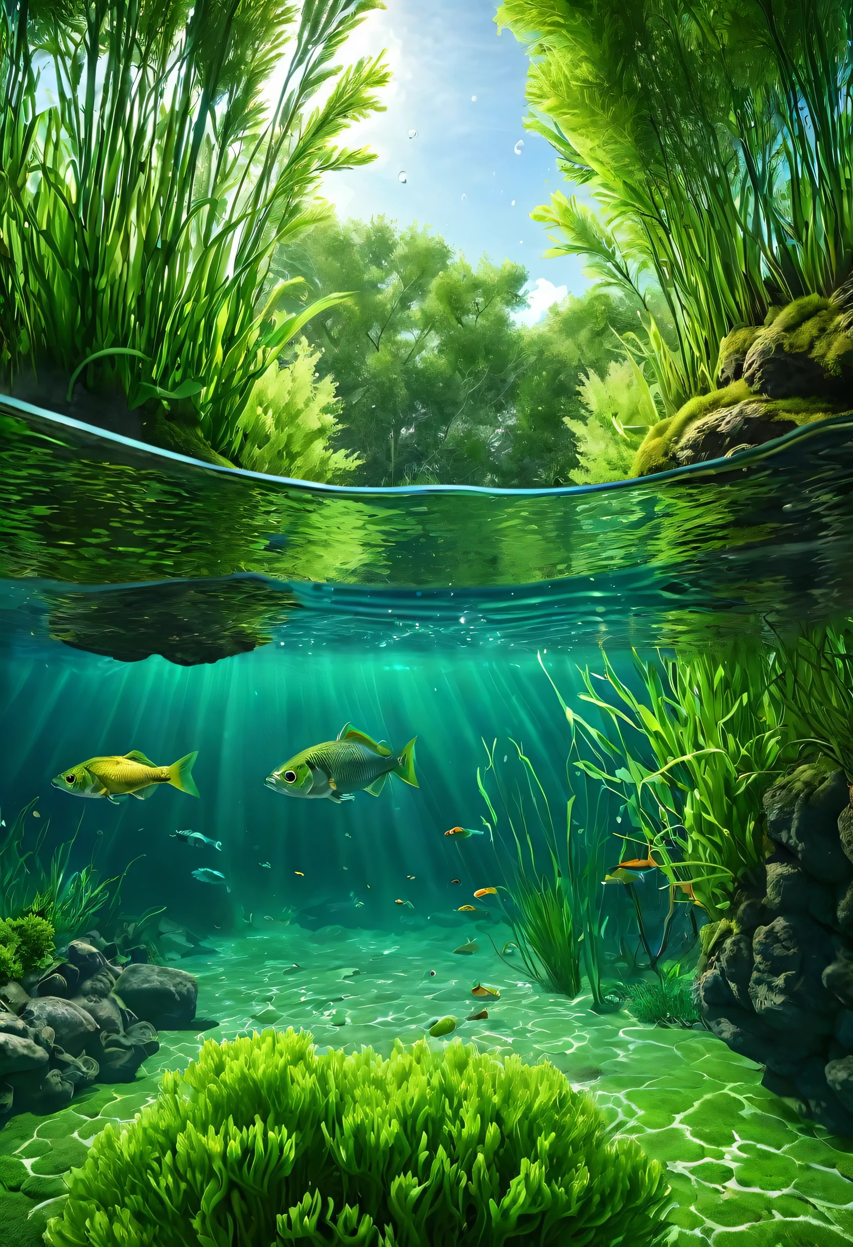 a photorealistic scene of a river with fresh clean water, a characteristic big seawater fish swimming underwater, surrounded by lush green algae and tall reeds, cross-section view of the river with trees lining the banks, (best quality,4k,8k,highres,masterpiece:1.2),ultra-detailed,(realistic,photorealistic,photo-realistic:1.37),detailed underwater scene,stunning realistic lighting,dynamic underwater composition,dramatic water reflections,intricate fish ???????,vibrant green algae,detailed foliage,serene natural environment
