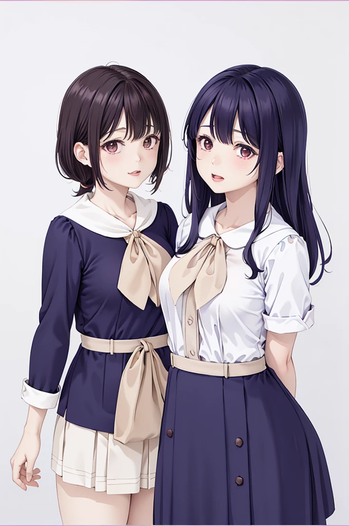 Two girls standing in an old Japanese schoolyard,White sailor shirt with bow tie,Indigo Hakamashita,A small dark red ribbon in her hair,18-year-old,bangs,Smile a little,Low Ponytail,(Angle from directly below:1.1),(Big Breasts:1.2),(Chewing contraceptives:1.2),whole body