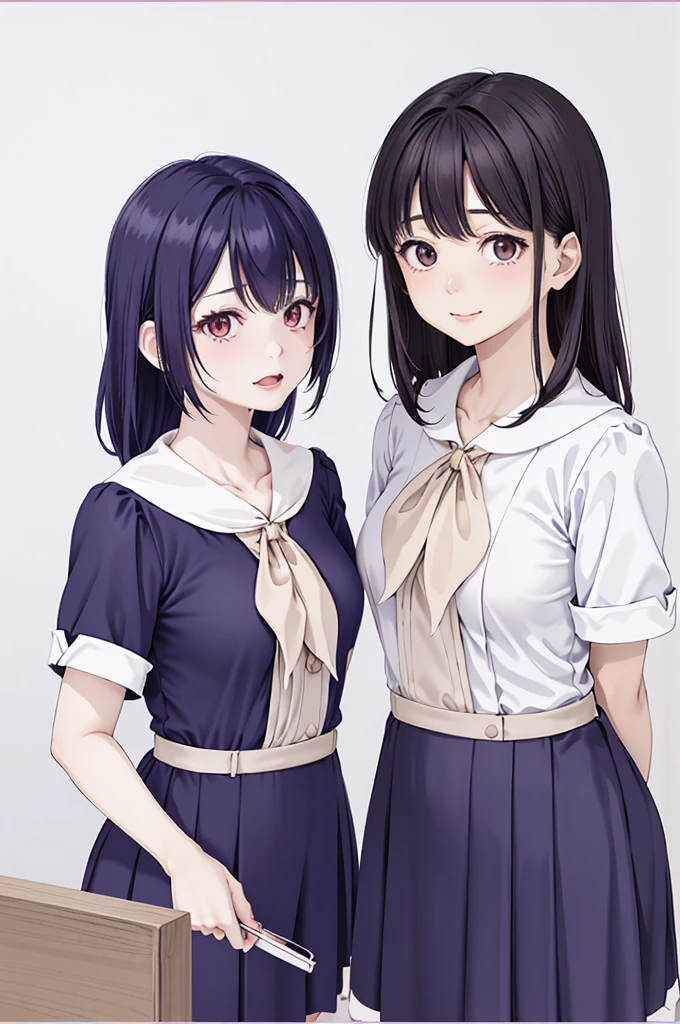 Two girls standing in an old Japanese schoolyard,White sailor shirt with bow tie,Indigo Hakamashita,A small dark red ribbon in her hair,18-year-old,bangs,Smile a little,Low Ponytail,(Angle from directly below:1.1),(Big Breasts:1.2),(Chewing contraceptives:1.2),whole body