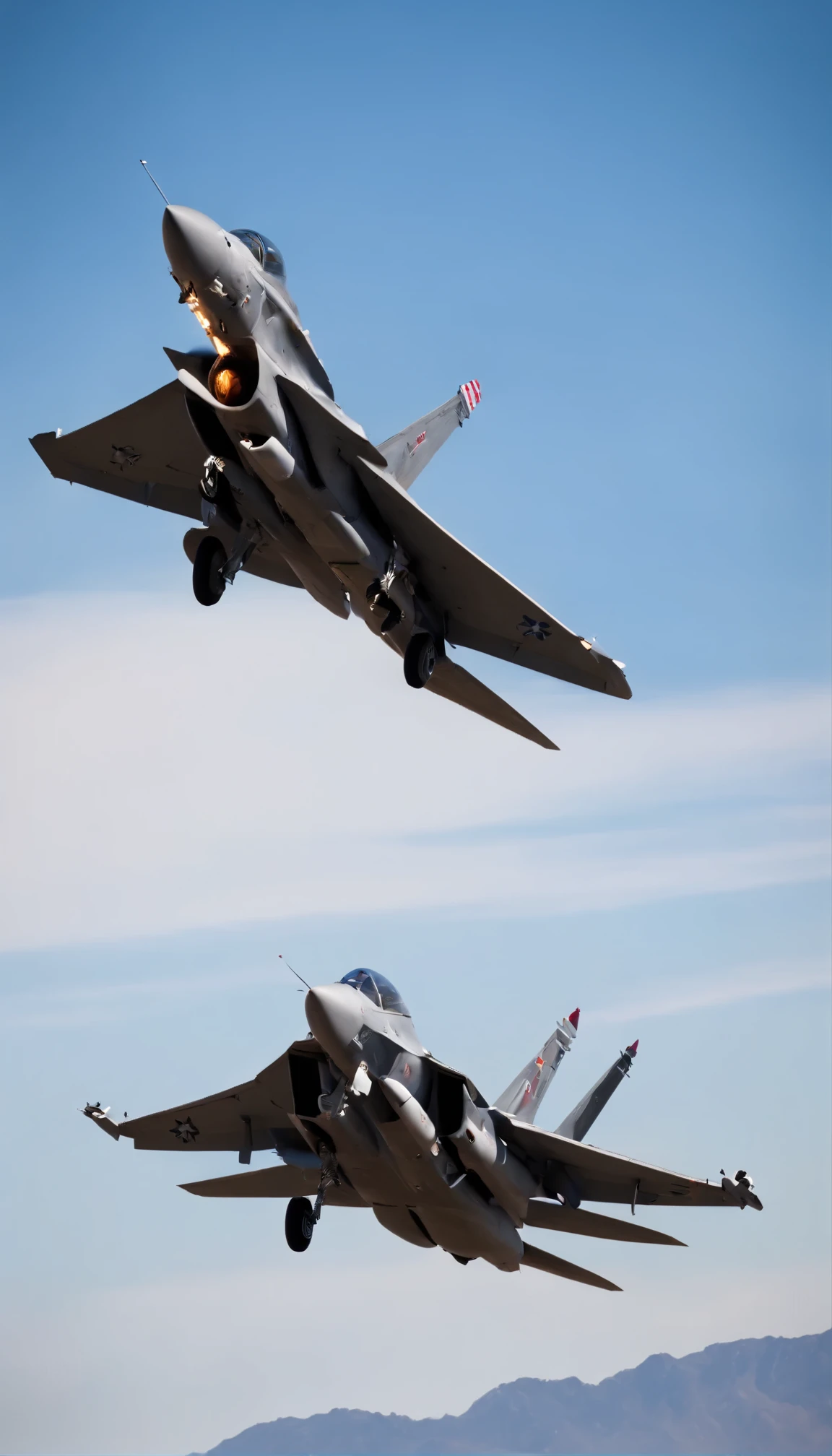 Hollywood high definition movie stills:『Top Gun Maverick』The thrilling battle scenes。Two aircraft, the F-14 Tomcat and the SU-59 stealth fighter, piloted by the legendary Maverick,、Glide side-by-side against a breathtaking skyline。With precise precision、Their machines shine in the sun、Showcasing the impressive technology of modern air warfare。The intensity of this scene、Hold the control stick tightly、This is accentuated by the look of concentration on the pilot's face as he expertly maneuvers the aircraft in a dance of speed and power.。Accurate F-14 Maverick fuselage shape