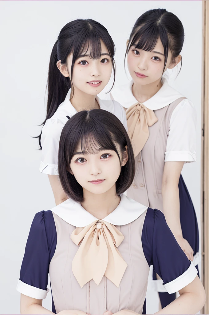 Two girls standing in an old Japanese schoolyard,White sailor shirt with bow tie,Indigo Hakamashita,A small dark red ribbon in her hair,18-year-old,bangs,Smile a little,Low Ponytail,(Angle from directly below:1.1),(Big Breasts:1.2),(Chewing contraceptives:1.2),whole body