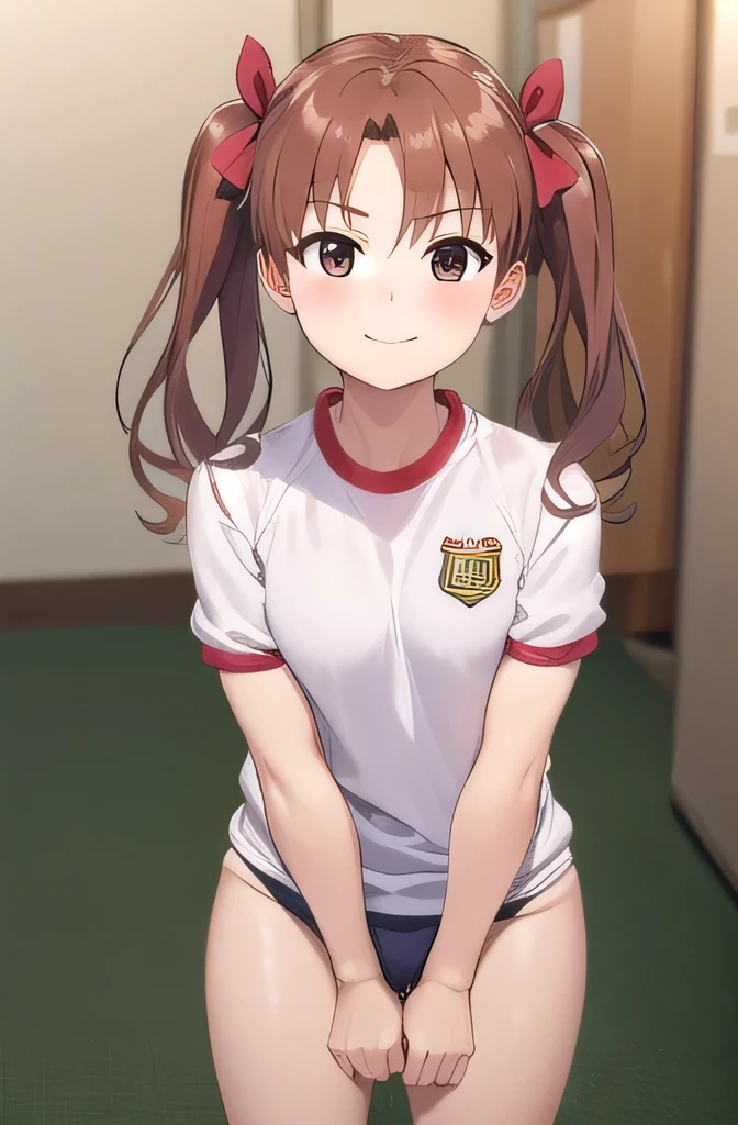 1 futanari girl:1.3, alone, Long Hair, Super large , Show Viewer, blush, Brown Hair, shirt, bow, Twin tails, Brown eyes,, indoor, erection:1.3,Extended period, futanari:1.4, erection under clothes:1.5,shirai kuroko,Super large ,Detailed gym clotheischievous Smile