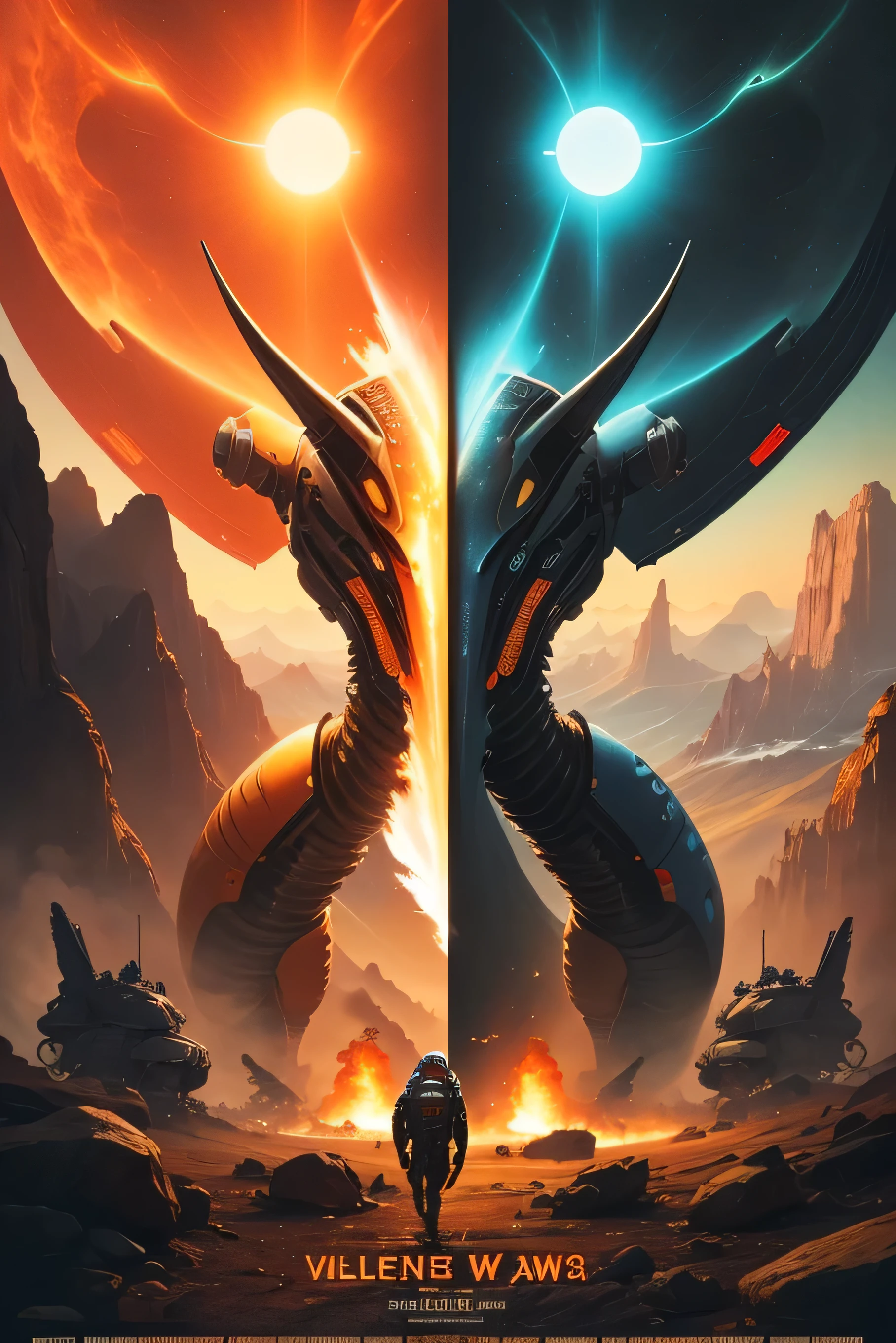 Design me a poster 9933 x 14043 pixels that is alien war propaganda in an alien language