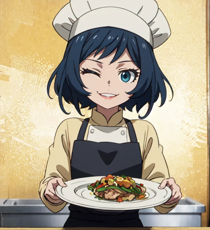 (absurdres:1.1, highres:1.1, ultra detailed:1.1), 
(masterpiece, best quality:1.1),
(insanely detailed, high resolution:1.1), 
(ultra detailed hair:1.2), 
(1girl, chef:1.3), solo, (food focus:1.3),
BREAK
brown hair, short hair, (one eye closed:1.1), 
facing viewer, closed eyes, ^ ^, light smile, 
chef hat, flat top chef hat, 
(turkey \(food\):1.3), 
holding, holding plate, plate, 
teeth, tray, boned meat, 
BREAK
upper body, 
simple background, light yellow background, 
(straight-on:1.1), 
BREAK 
