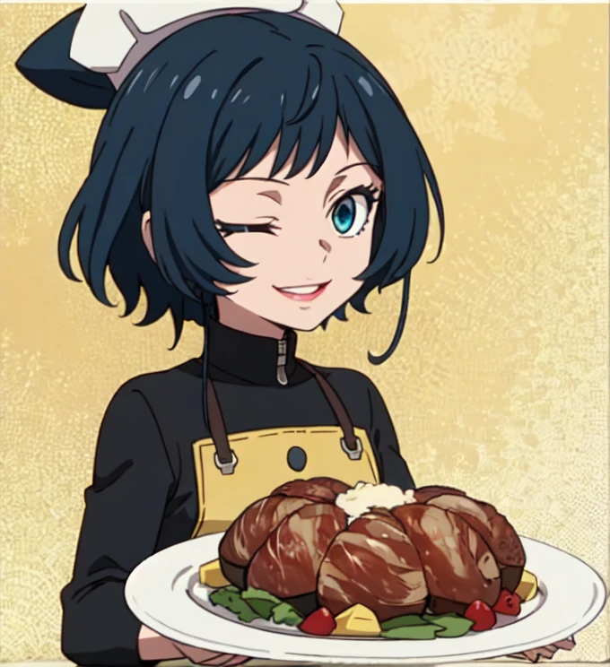 (absurdres:1.1, highres:1.1, ultra detailed:1.1),
(masterpiece, best quality:1.1),
(insanely detailed, high resolution:1.1),
(ultra detailed hair:1.2),
(1girl, chef:1.3), solo, (food focus:1.3),
BREAK
brown hair, short hair, (one eye closed:1.1),
facing viewer, closed eyes, ^ ^, light smile,
chef hat, flat top chef hat,
(turkey \(food\):1.3),
holding, holding plate, plate,
teeth, tray, boned meat,
BREAK
upper body,
simple background, light yellow background,
(straight-on:1.1),
BREAK