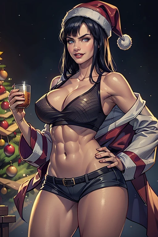 Hinata Hyuga, sozinho, cabelos longos, cabelo azul escuro, Luvas, bareshoulders, olhos verdes, elbow Luvas, lips, Natal, santa hat, red Luvas, Traje de Papai Noel, Realistic, in cozy Natal workshop, Skimpy, colorido, alto contraste, fundo intrincado, pele altamente detalhada, 8k, UHD,(SFW),Selos Postais Vintage, bunda grande, pernas grossas, Fitness