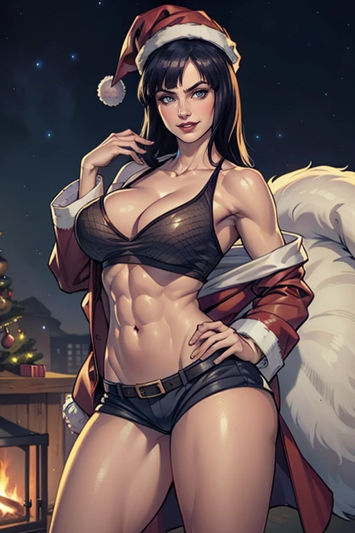 Hinata Hyuga, sozinho, cabelos longos, cabelo azul escuro, Luvas, bareshoulders, olhos verdes, elbow Luvas, lips, Natal, santa hat, red Luvas, Traje de Papai Noel, Realistic, in cozy Natal workshop, Skimpy, colorido, alto contraste, fundo intrincado, pele altamente detalhada, 8k, UHD,(SFW),Selos Postais Vintage, bunda grande, pernas grossas, Fitness