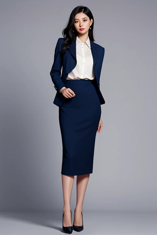 One Mature Woman、45 years old、Black Hair、Cowboy Shot、Beautiful mom、Very big breasts、Hourglass figure、Elegant hairstyle、Medium Hair、Pencil Skirt、Navy blue skirt suit、Wearing high heels、