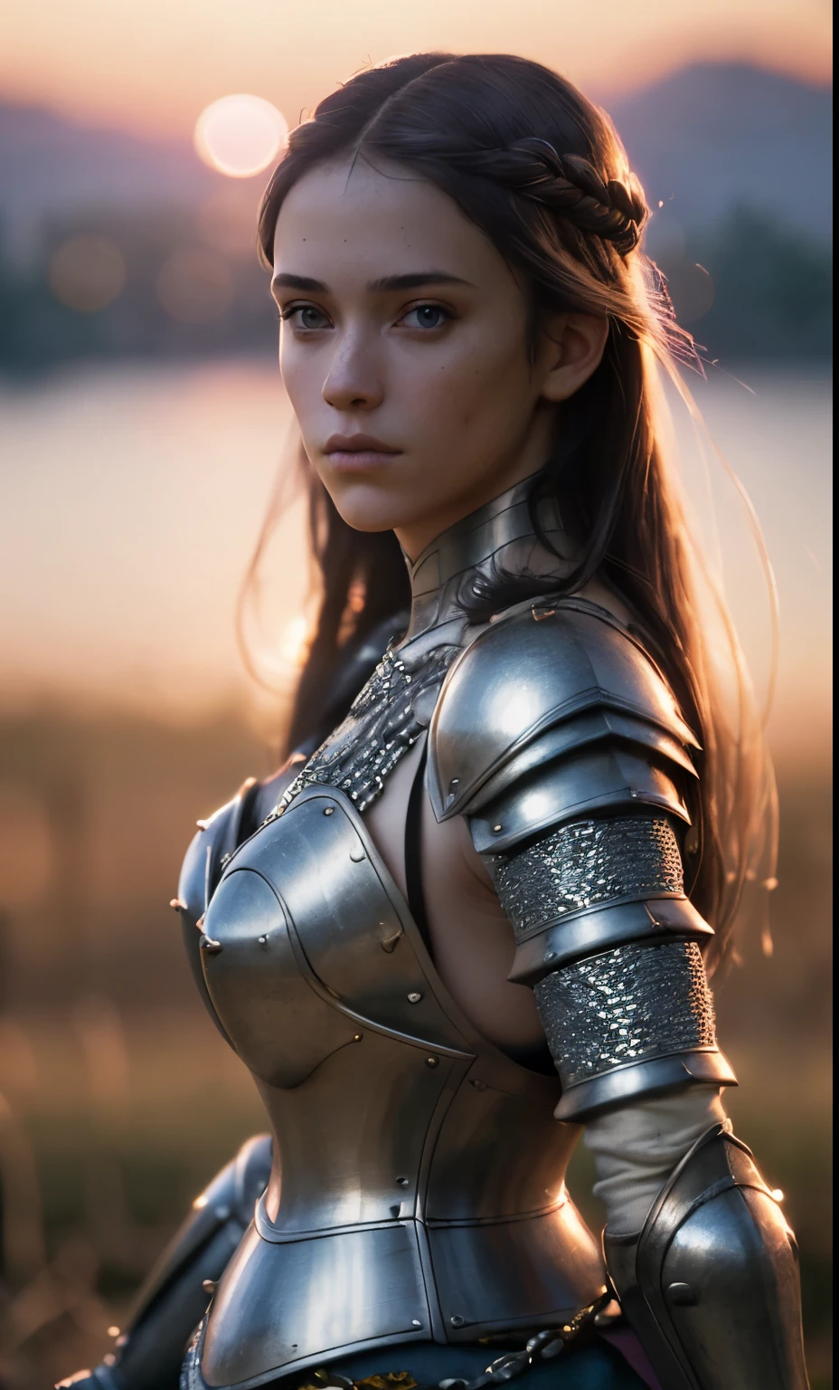 (masterpiece), (extremely intricate:1.3), (realistic), portrait of a girl, the most beautiful in the world, (medieval armor), metal reflections, upper body, outdoors, intense sunlight, far away castle, professional photograph of a stunning woman detailed, sharp focus, dramatic, award winning, cinematic lighting, octane render  unreal engine,  volumetrics dtx, (film grain, blurry background, blurry foreground, bokeh, depth of field, sunset, motion blur:1.3), chainmail