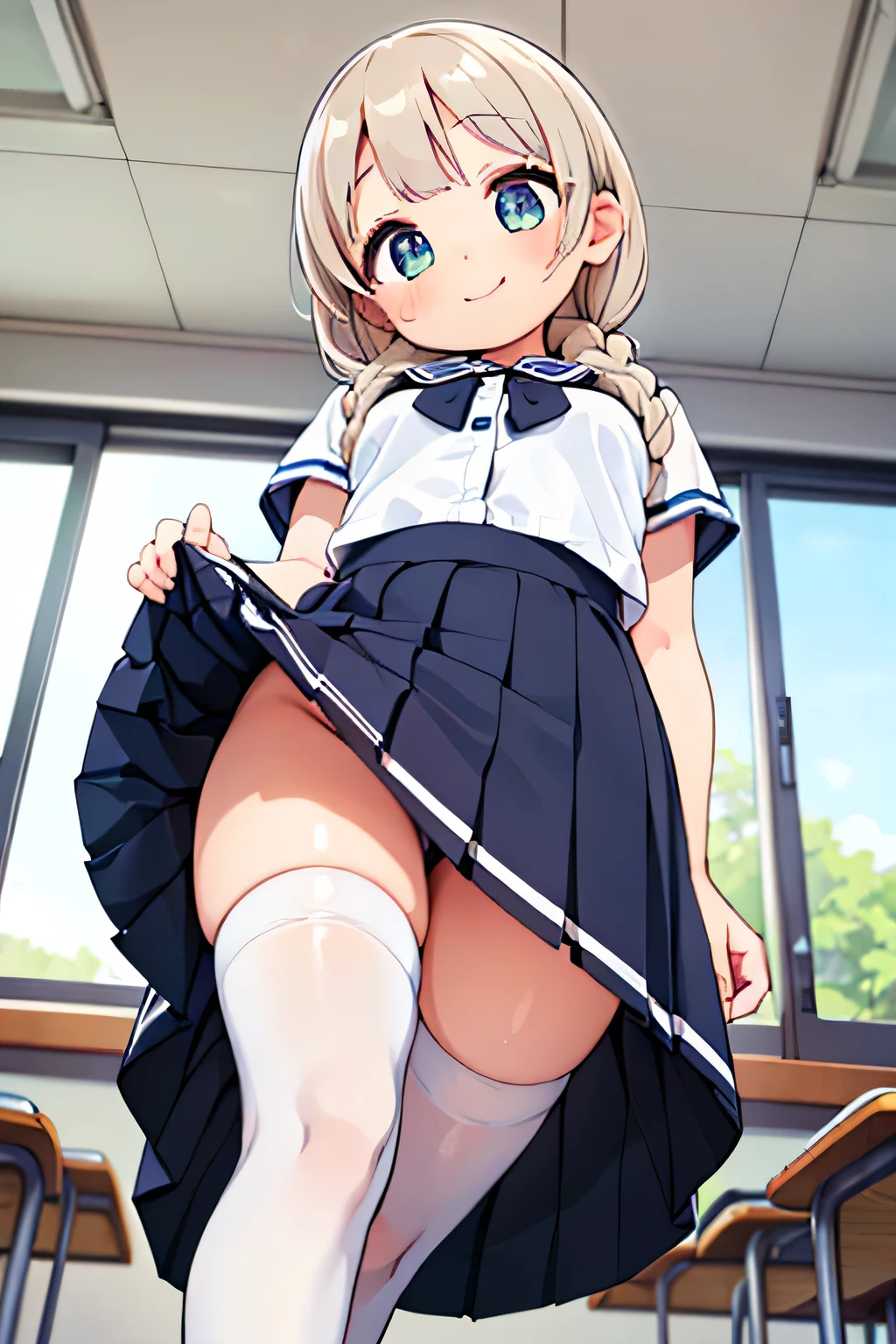 highest quality、High resolution、Detailed Background、(Beautiful face in every detail:1.4)、Anatomically correct、(Detailed facial expressions)、(Detailed eyes:1.2)、(Detailed eyes:1.2)、age beauty、(Highly detailed face:1.4)、Light color hair、Braided twin tails、Braided Bob、Braided Ponytail、well-groomed eyebrows、Perfect body line、Attractive thighs、Cute colored sailor dress、White Stockings、School classroom、Fit on one screen、
(A beautiful girl flipping up her skirt with an innocent smile:1.5)、
Thighs from below、Zoom in on thighs at a low angle、Ultra close-up shot of thighs from below
