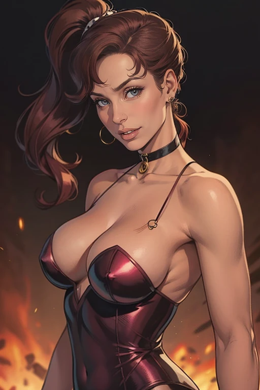 young Ariana Grande, yellow_eyes, long_brown_ponytail, dark_skin,