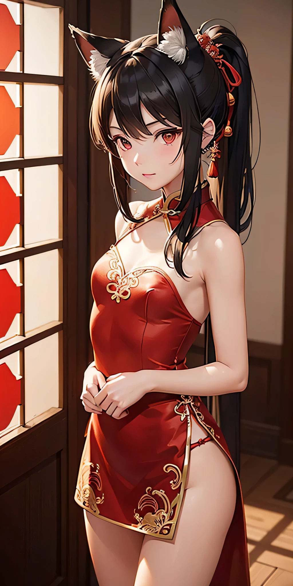 (((professional: Step by step, taking into account even the smallest detail, God-level final result, all intricate details, cowboy shot, solo 1girl view))): "1 fox girl, ruby eyes, fox ears, fox tail, high ponytail, smug, cute, short black china dress, side full body, pelvic curtain, thigh ribbon, (pumps:1), (hugging own leg:1.1), chinese style, indoors, sharp focus, looking at viewer, (intricate:1.3), red light theme, (orange tone:0.7), illustration, random angle "