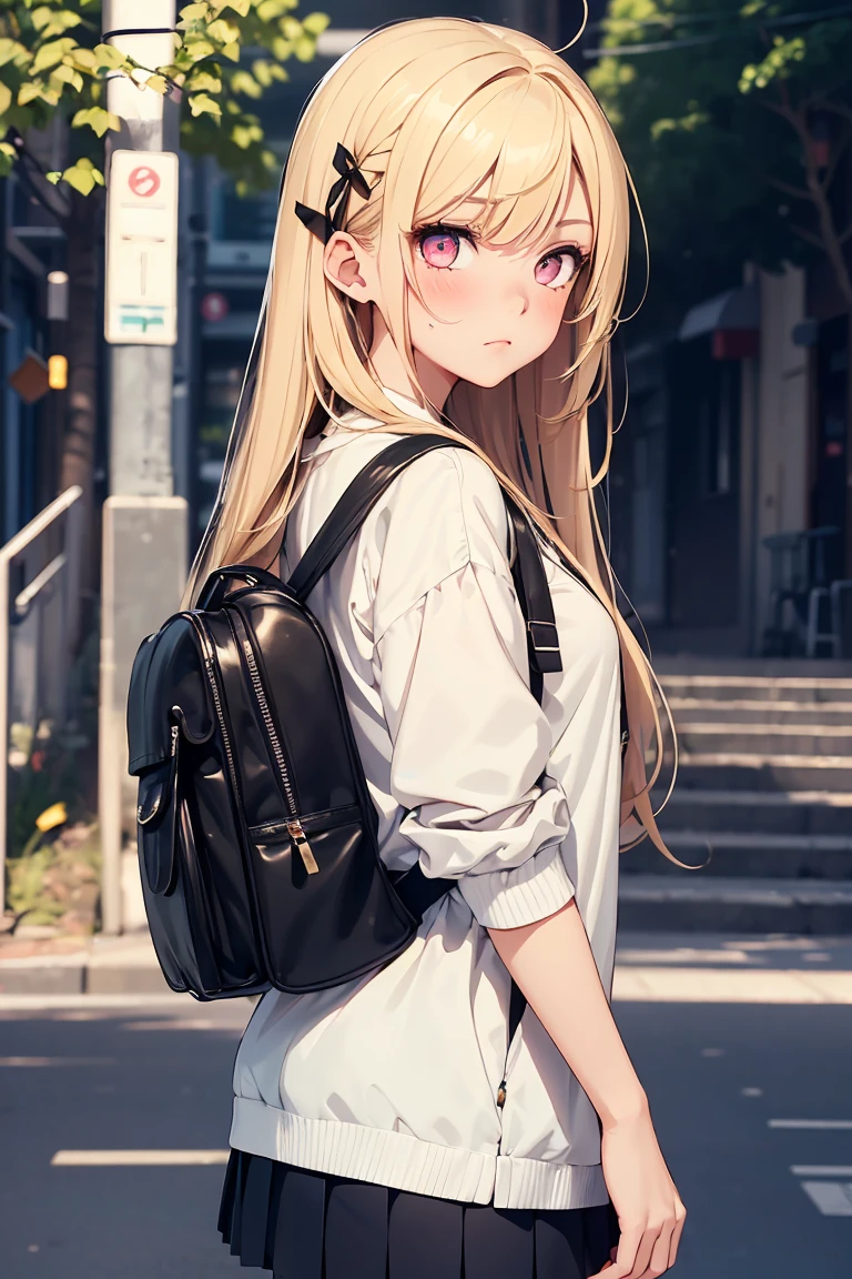 ((1 girl)), Sulky expression, Puff out your cheeks, Confused eyes, Glare, Bad mood, Latest Fashion Trends, (Hairpins in the bangs), younger sister, Pleated skirt, rucksack,background_School Area, かわいいyounger sister, Cowboy Shot,((Very detailed,highest quality, High resolution, 8k wallpaper, Beautiful clothes,)),((blonde, Long Hair,Straight hair)), blush , (Crimson Eyes),eye shadow, eyeliner,Glow Eye, Very detailedな目, Beautiful Eyes, 14-year-old girl, Accurate anatomy