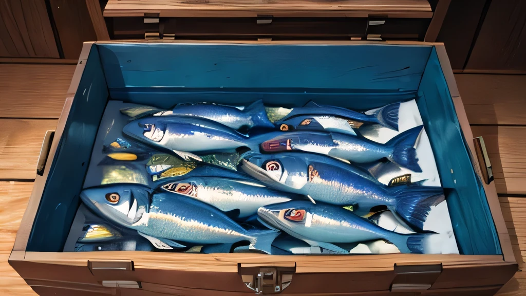 group of fish caught in wooden box