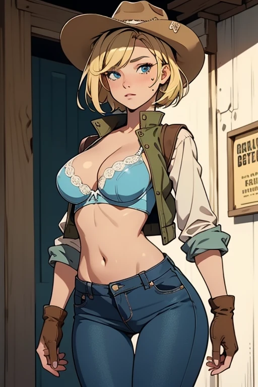 vibrant color, saturated color, colorful, 1girl, cowboy hat, beautiful face, white bra, green vest, no sleeve, navel, blue jeans, brown boots, fingerless gloves, short hair, blonde hair, parted bangs, blue eyes, mole under right eye, American old west, best quality, masterpiece, sensual but confident pose, thigh gap, wild west, sunny background, town background