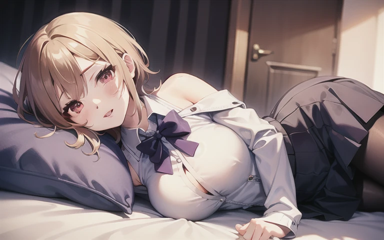 masterpiece, best quality, highly detailed, aaakane, short hair, red eyes, large breasts, purple bowtie, collared shirt, white shirt, off shoulder, purple jacket, partially unzipped, long sleeves, sleeves past wrists, pleated skirt, black skirt, pantyhose,
, detailed background, lying down , bed, sexy, looking at viewer, intricate iris,