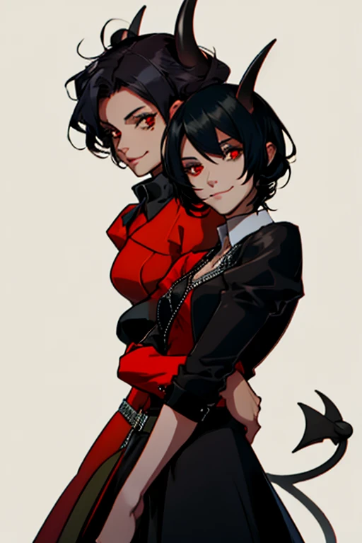 Best quality, two female demons with a black background, a demonic smile and both with black hair and red eyes.