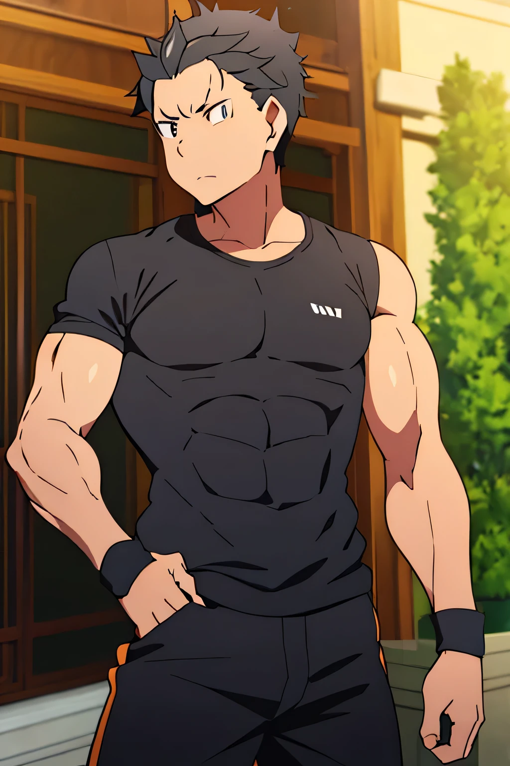 Subaru is flexing his biceps. He wears black shorts. You can see his thighs. He looks stoic and serious. He has bulging veins on his arms. He wears a black tshirt with short sleeves. His sleeve is completely rolled up so you can see his entire arm and shoulder. He is showing his abs too.