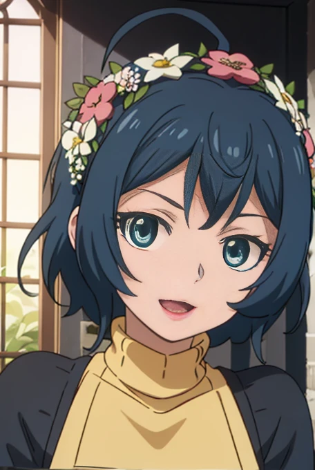 uiharukazari, uiharu kazari, (black eye:1.5), black hair, flower, hair flower, hair ornaments,open mouth smile,Flower wreath on head, short hair,
Flower shopの店員,Flower shop,sweater,short denim bunts,black pantyhose,short boots,apron,
break looking at viewer,
break indoors, Flower shop,
break (masterpiece:1.2), highest quality, High resolution, unity 8k wallpaper, (figure:0.8), (detailed and beautiful eyes:1.6), highly detailed face, perfect lighting, Very detailed CG, (perfect hands, perfect anatomy),