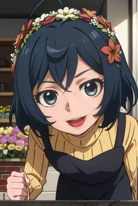 uiharukazari, uiharu kazari, (black eye:1.5), black hair, flower, hair flower, hair ornaments,open mouth smile,Flower wreath on head, short hair,
Flower shopの店員,Flower shop,sweater,short denim bunts,black pantyhose,short boots,apron, 
break looking at viewer, 
break indoors, Flower shop,
break (masterpiece:1.2), highest quality, High resolution, unity 8k wallpaper, (figure:0.8), (detailed and beautiful eyes:1.6), highly detailed face, perfect lighting, Very detailed CG, (perfect hands, perfect anatomy),