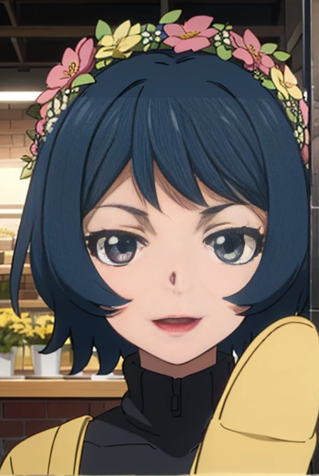 uiharukazari, uiharu kazari, (black eye:1.5), black hair, flower, hair flower, hair ornaments,open mouth smile,Flower wreath on head, short hair,
Flower shopの店員,Flower shop,sweater,short denim bunts,black pantyhose,short boots,apron,
break looking at viewer,
break indoors, Flower shop,
break (masterpiece:1.2), highest quality, High resolution, unity 8k wallpaper, (figure:0.8), (detailed and beautiful eyes:1.6), highly detailed face, perfect lighting, Very detailed CG, (perfect hands, perfect anatomy),