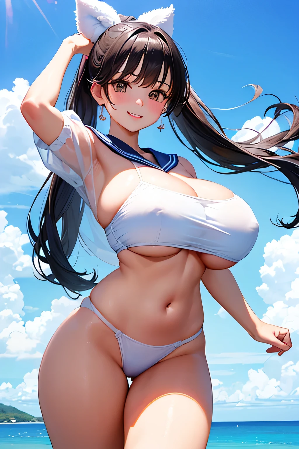 highest quality、High resolution、Detailed Background、(Beautiful face in every detail:1.4)、Anatomically correct、(Detailed facial expressions)、(Detailed eyes:1.2)、(Detailed eyes:1.2)、age beauty、(Highly detailed face:1.4)、Brightly colored hair、well-groomed eyebrows、ponytail、(Huge breasts:1.4)、Perfect body line、Big Ass、Cosplay-style sailor suit with cute colors、No sleeve、A big smile、(Uplifting)、White panties、Vast Sky、(Cheerleader、I support you)、(Pom-pom:1.2)、
(A big smiley cheerleader girl jumping in the vast sky:1.5)、
Emphasize underboob、Angle from below、Laughing with your mouth open、Healthy thighs、Healthy Beauty、With legs apart、Show your side、Panty Shot、cute