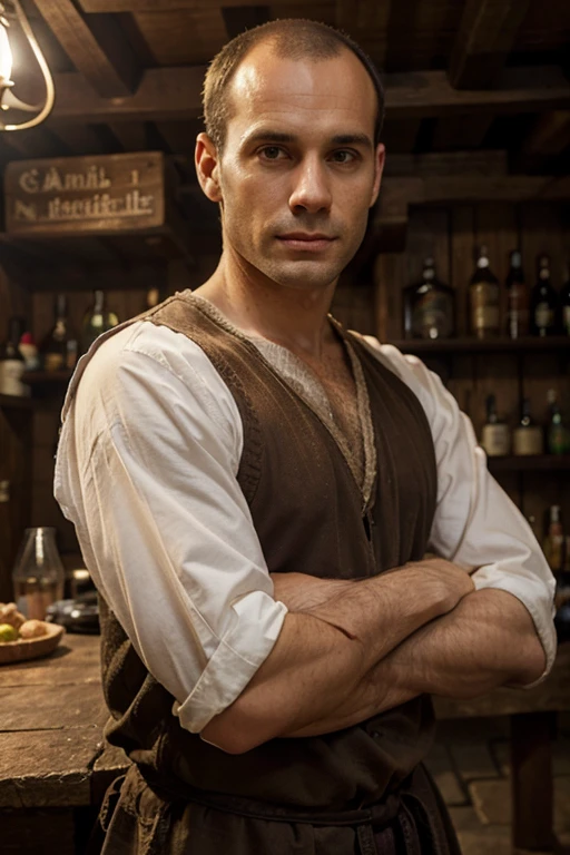 1 man pale dark brown hair, very short, quase careca. In medieval tavern clothes.
