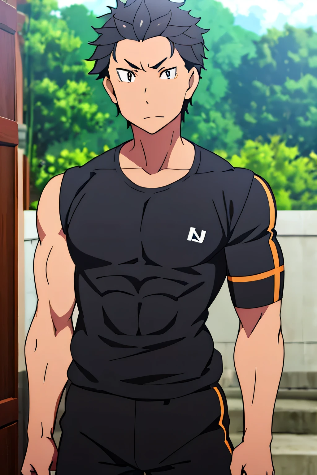 Subaru is flexing his biceps. He wears black shorts. You can see his thighs. He looks stoic and serious. He has bulging veins on his arms. He wears a black tshirt with short sleeves. His sleeve is completely rolled up so you can see his entire arm and shoulder. He is showing his abs too.