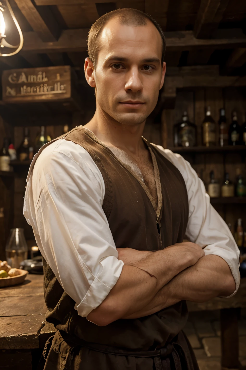 1 man pale dark brown hair, very short, quase careca. In medieval tavern clothes.