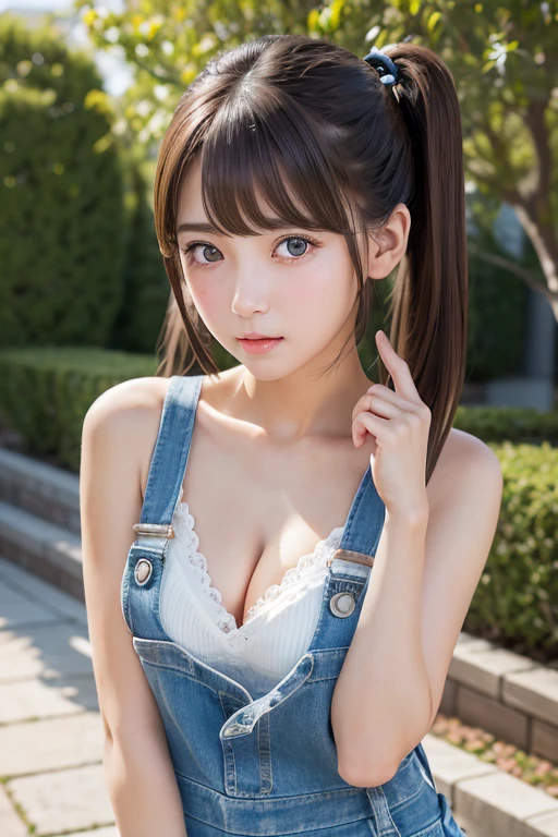 Slim and sharp facial contours、One Girl、(beautiful girl、Delicate girl:1.3)、(22 years old:1.3)、break、(Naked and in overalls:1.3)、break、Very beautiful eyes、(Symmetrical eyes:1.3)、break、(country landscape:1.3)、Perfectly shaped and anthropomorphic fingers、break、Small breasts、Brown eyes、Parted bangs、Brown Hair、break、(Eye and facial details:1.0)、break、(masterpiece、highest quality、Very detailed) 、Detailed face、8k)、Full body view from the knee up、(blush、embarrassed 、short twintails、cleavage)、