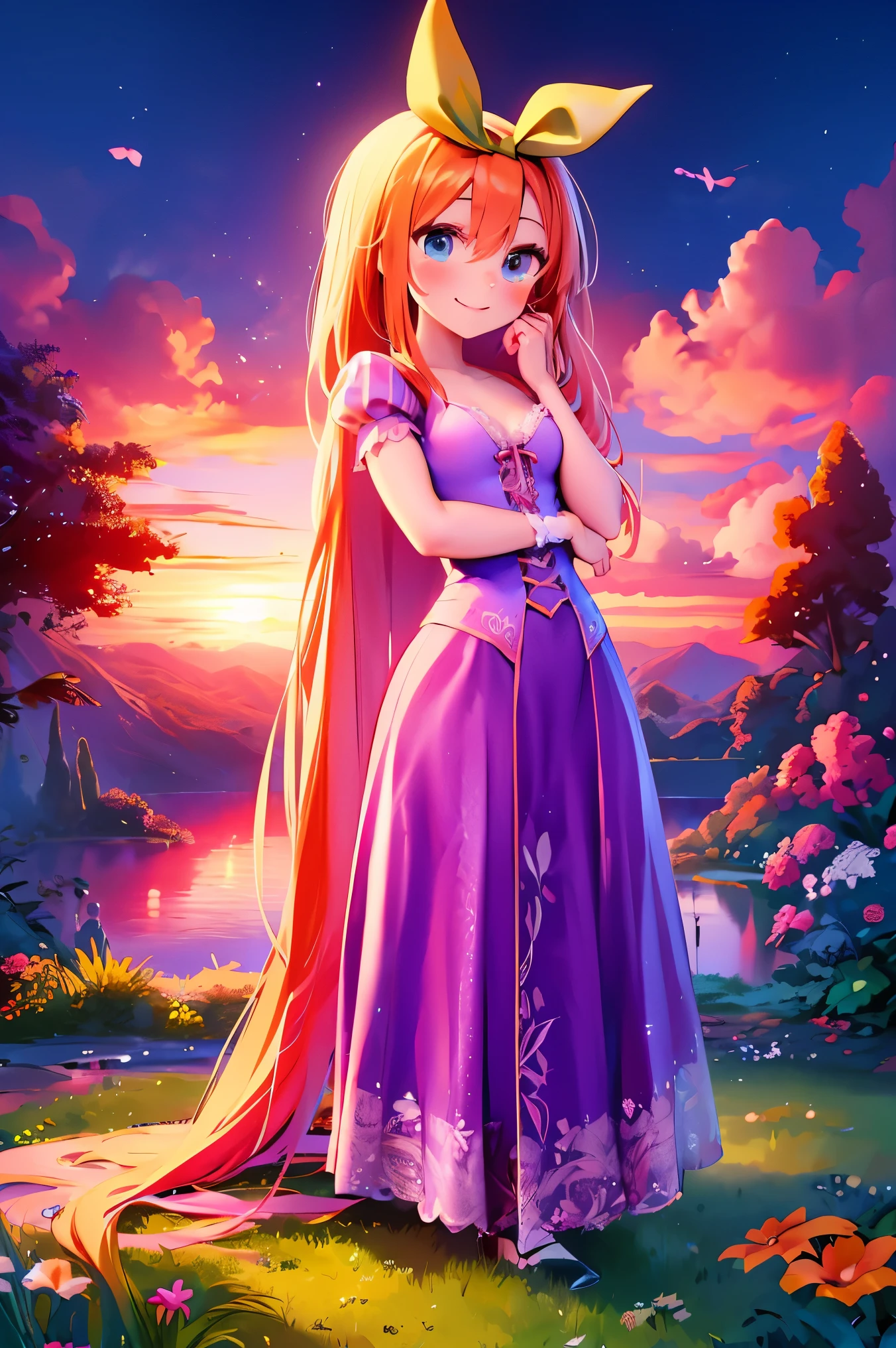 Fusion between Rapunzel from disney and Yotsuba Nakano, good fusion, excellent character design, masterpiece, 4k, perfect anatomy, perfect face, perfect eyes, 1girl, solo, full body, yotsuba nakano wearing rapunzel's dress, long long orange hair, red hair, pink hair, orange hair, extremely long hair, bangs, hair between eyes, green ribbon on hair, hair ribbon, blue eyes, athletic, muscular, purple rapunzel dress, long dress, long purple dress, smiling, cute, lovely, lovely expression, simply nature magical background, full body, standing up