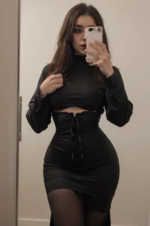 girl taking a selfie in the mirror, wearing Black modest goth outfits, long-sleeved dress, kimono-style sleeves, long skirt, waist-cinching corset (all body Covered) dark makeup, big eyeliner, full lips, dark red lips, short black weavy hair, dark look, modest outfits, all body covered, pretty curvy slim body