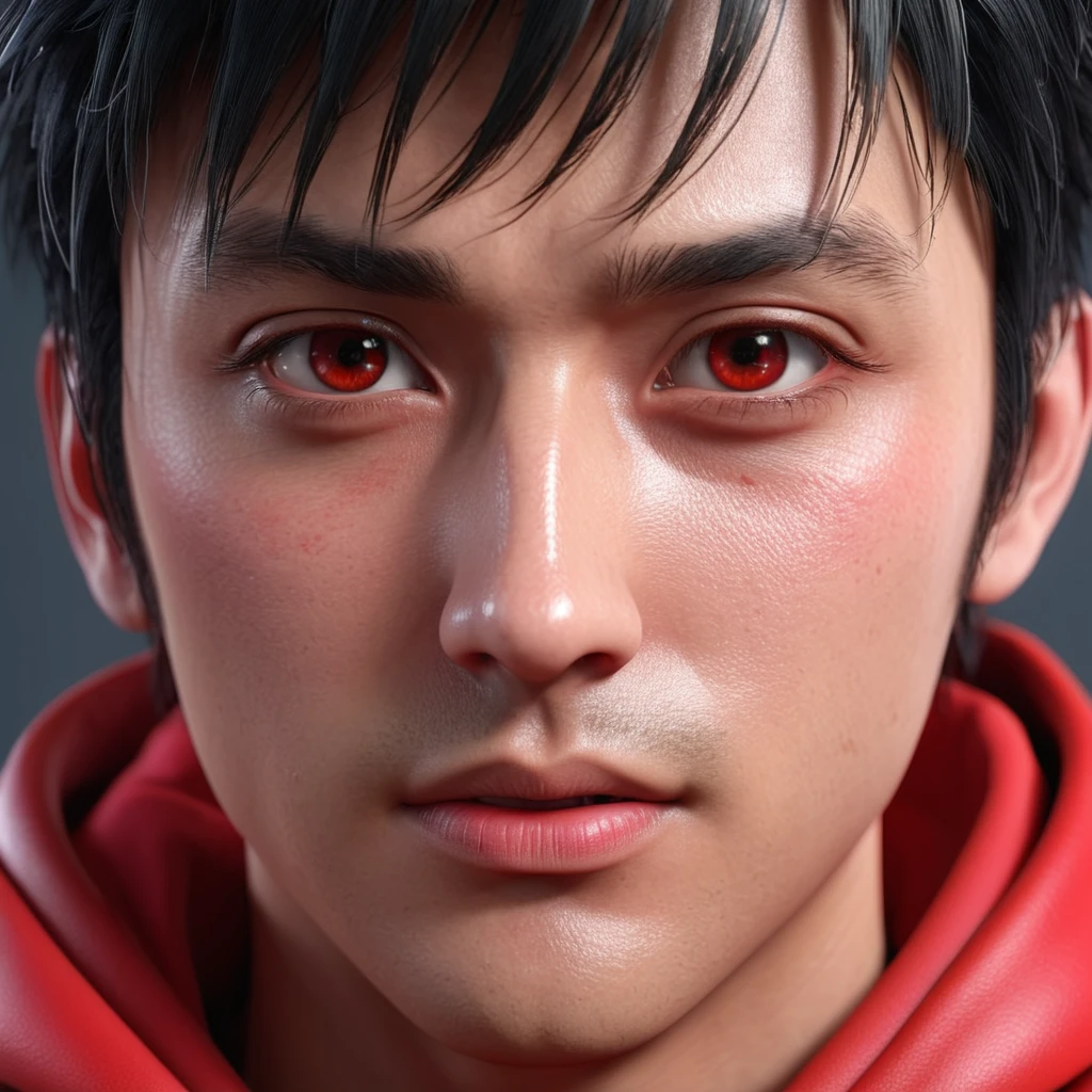 Close-up of a man wearing red clothes, RTM germs ; Real 3D engine, Smooth 3d cg rendering, realistic anime, 8K vertical rendering, His handsome face was as beautiful as a photograph., Realistic 3D characters, 3D character art rendering 8 k, Realistic rendering, Shiny skin, Hyper-realistic 3D rendering