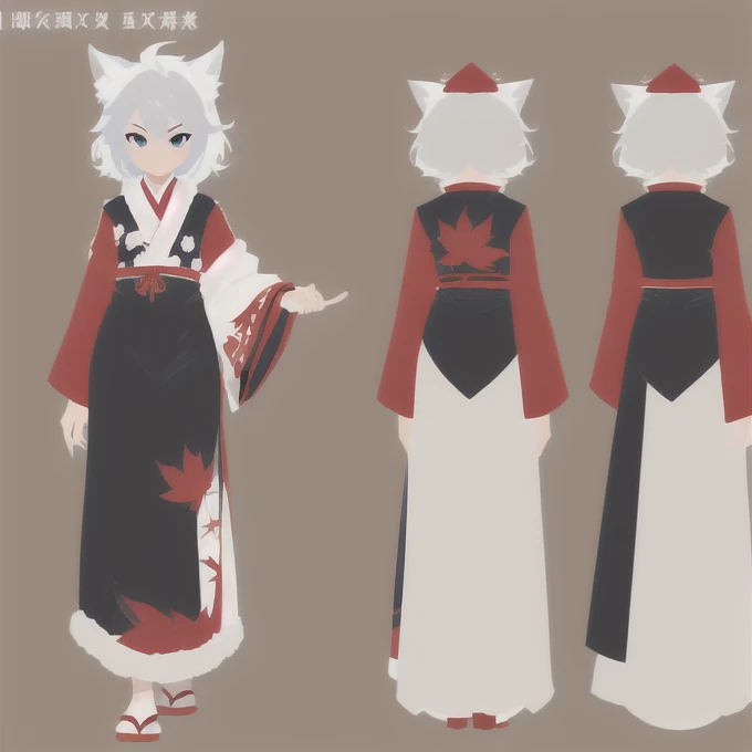 One girl. masterpiece, magnificent, best quality, full body,slim. (White hair, bushy hair, fluffy hair), blue eyes, wolf ears, wolf tail. Small hips. maple leafs. (Tengu outfit, tengu clothes, red tokin hat:1.2).(Thin things, beautiful legs). Happy. Standing. Clothes cutouts. (Character design sheet:1.1)