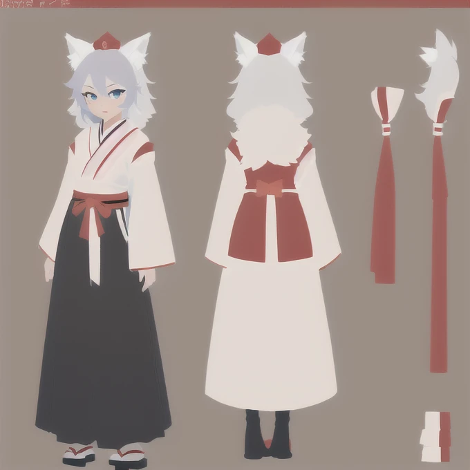 One girl. masterpiece, magnificent, best quality, full body,slim. (White hair, bushy hair, fluffy hair), blue eyes, wolf ears, wolf tail. Small hips. maple leafs. (Tengu outfit, tengu clothes, red tokin hat:1.2).(Thin things, beautiful legs). Happy. Standing. Clothes cutouts. (Character design sheet:1.1)