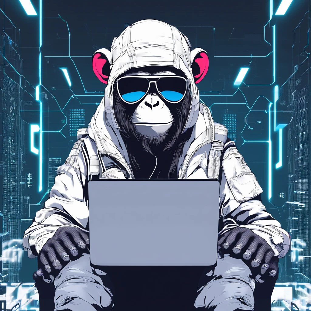 Monkey Character、 programmer、engineer、hacker、using a computer、Wearing sunglasses
